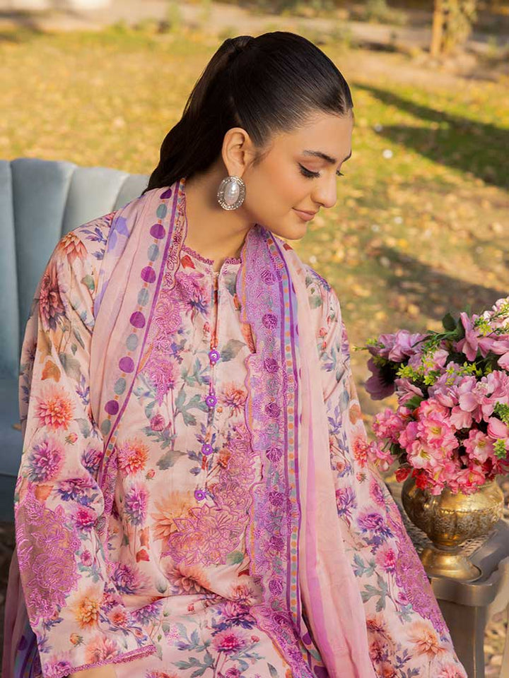 NAMAL 3 Pieces Unstitched Digital Printed Lawn Suit featuring a digital printed lawn shirt with organza embroidery, dyed cambric cotton trousers, and a bamber chiffon dupatta with embroidered cut-work details.
