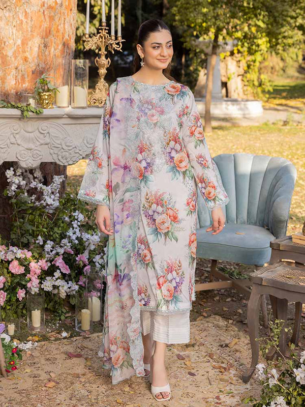 NAMAL 3 Pieces Unstitched Digital Printed Lawn Suit featuring a digital printed lawn shirt with organza embroidery, dyed cambric cotton trousers, and a bamber chiffon dupatta with embroidered cut-work details.