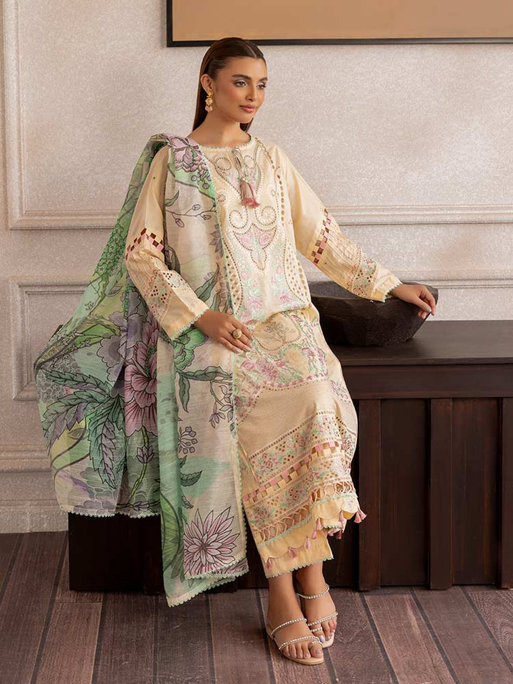 SAKURA 3 Pieces Unstitched Lawn Suit featuring an embroidered dyed luxury lawn shirt, dyed cambric cotton trousers, and a digital printed fancy lawn dupatta