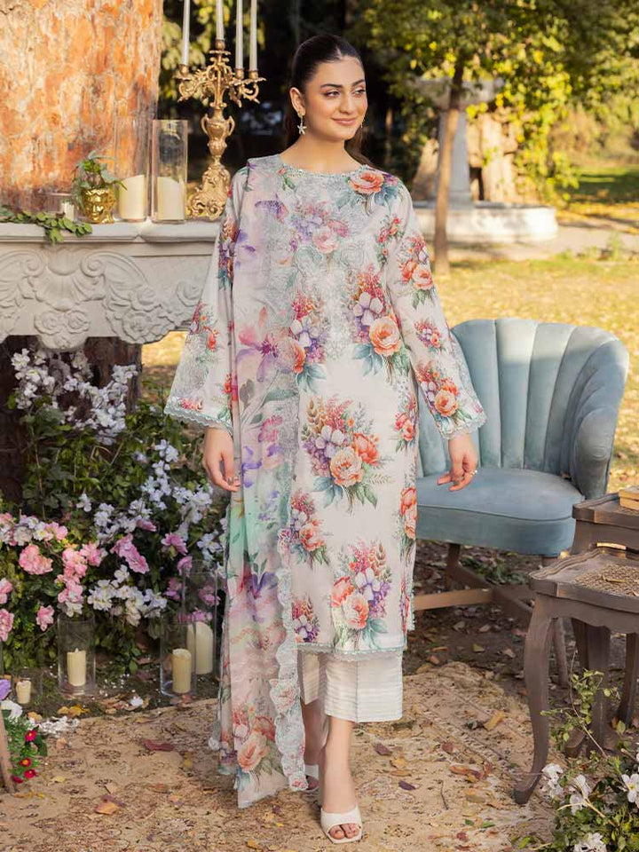 NAMAL 3 Pieces Unstitched Digital Printed Lawn Suit featuring a digital printed lawn shirt with organza embroidery, dyed cambric cotton trousers, and a bamber chiffon dupatta with embroidered cut-work details.