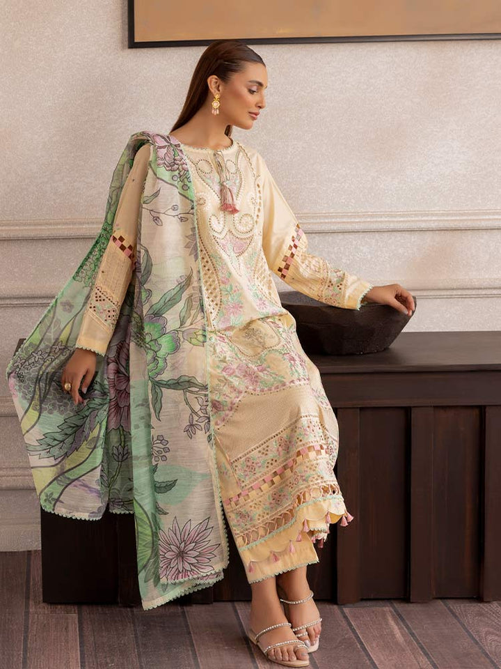 SAKURA 3 Pieces Unstitched Lawn Suit featuring an embroidered dyed luxury lawn shirt, dyed cambric cotton trousers, and a digital printed fancy lawn dupatta
