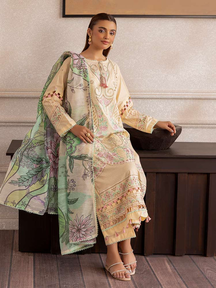SAKURA 3 Pieces Unstitched Lawn Suit featuring an embroidered dyed luxury lawn shirt, dyed cambric cotton trousers, and a digital printed fancy lawn dupatta