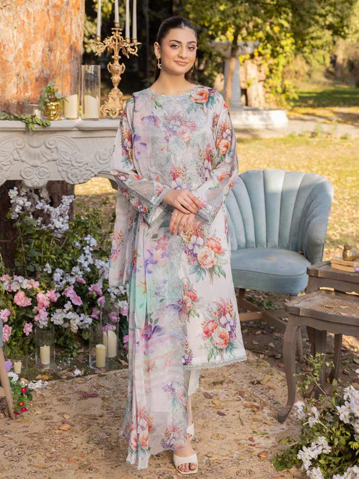 NAMAL 3 Pieces Unstitched Digital Printed Lawn Suit featuring a digital printed lawn shirt with organza embroidery, dyed cambric cotton trousers, and a bamber chiffon dupatta with embroidered cut-work details.