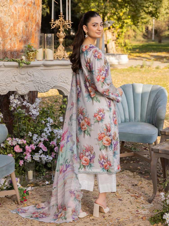 NAMAL 3 Pieces Unstitched Digital Printed Lawn Suit featuring a digital printed lawn shirt with organza embroidery, dyed cambric cotton trousers, and a bamber chiffon dupatta with embroidered cut-work details.
