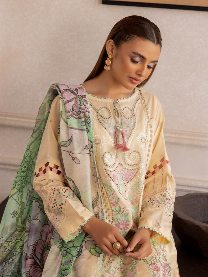 SAKURA 3 Pieces Unstitched Lawn Suit featuring an embroidered dyed luxury lawn shirt, dyed cambric cotton trousers, and a digital printed fancy lawn dupatta
