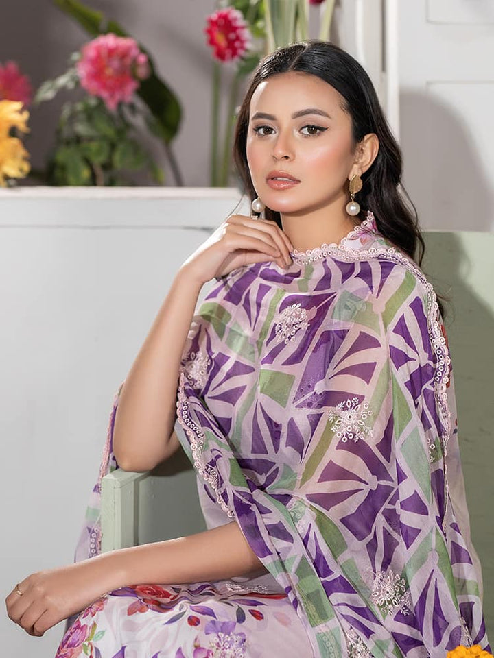 GUL PASAND Premium 3-Piece Lawn Suit with digital printed embroidery, dyed cambric cotton trousers, and embroidered chiffon dupatta.