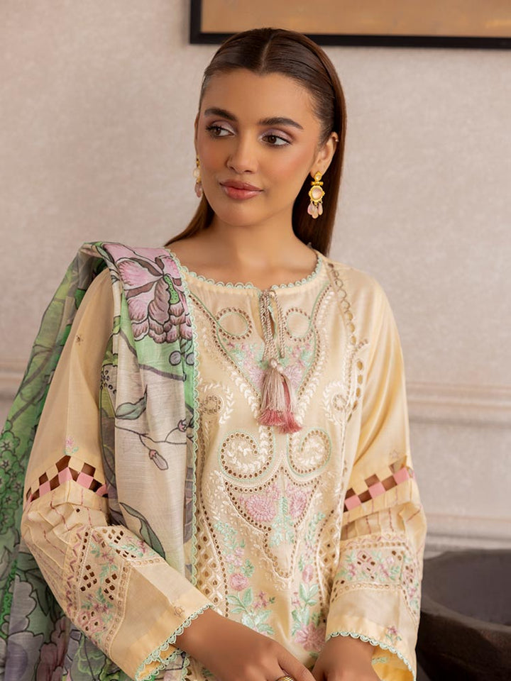 SAKURA 3 Pieces Unstitched Lawn Suit featuring an embroidered dyed luxury lawn shirt, dyed cambric cotton trousers, and a digital printed fancy lawn dupatta