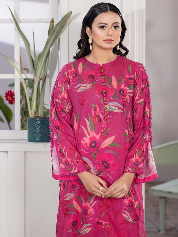 GULPASAND Premium 3-Piece Lawn Suit with digital printed embroidery, dyed cambric cotton trousers, and embroidered chiffon dupatta.