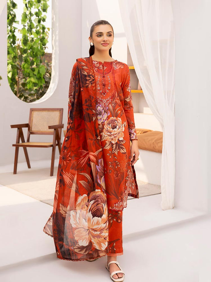 Discover the ZARIA Premium 3 Pieces Unstitched Lawn Suit, featuring digital printed lawn fabric with organza sequence embroidery. Perfect for festive occasions, this suit includes a shirt, trouser, and dupatta for a stylish and elegant look