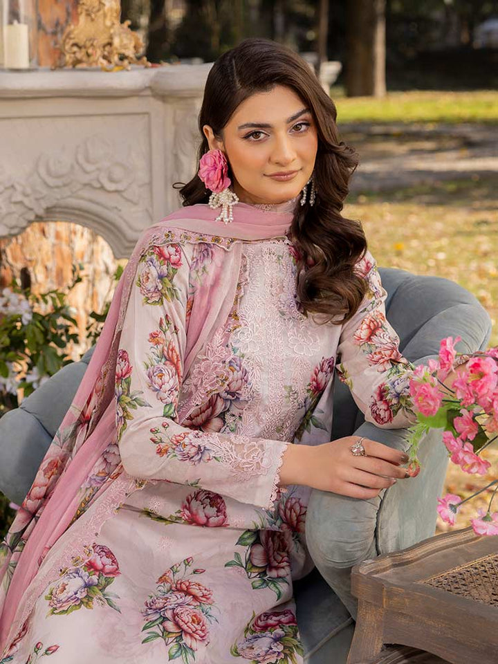 NAMAL 3 Pieces Unstitched Digital Printed Lawn Suit featuring a digital printed lawn shirt with organza embroidery, dyed cambric cotton trousers, and a bamber chiffon dupatta with embroidered cut-work details.