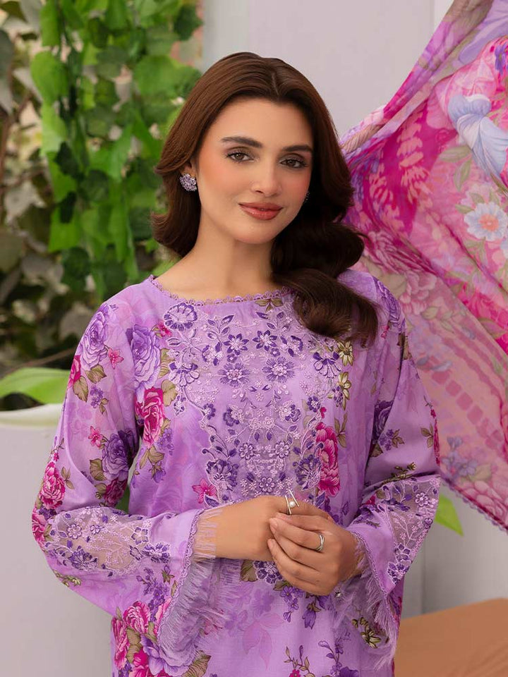 Discover the ZARIA Premium 3 Pieces Unstitched Lawn Suit, featuring digital printed lawn fabric with organza sequence embroidery. Perfect for festive occasions, this suit includes a shirt, trouser, and dupatta for a stylish and elegant look