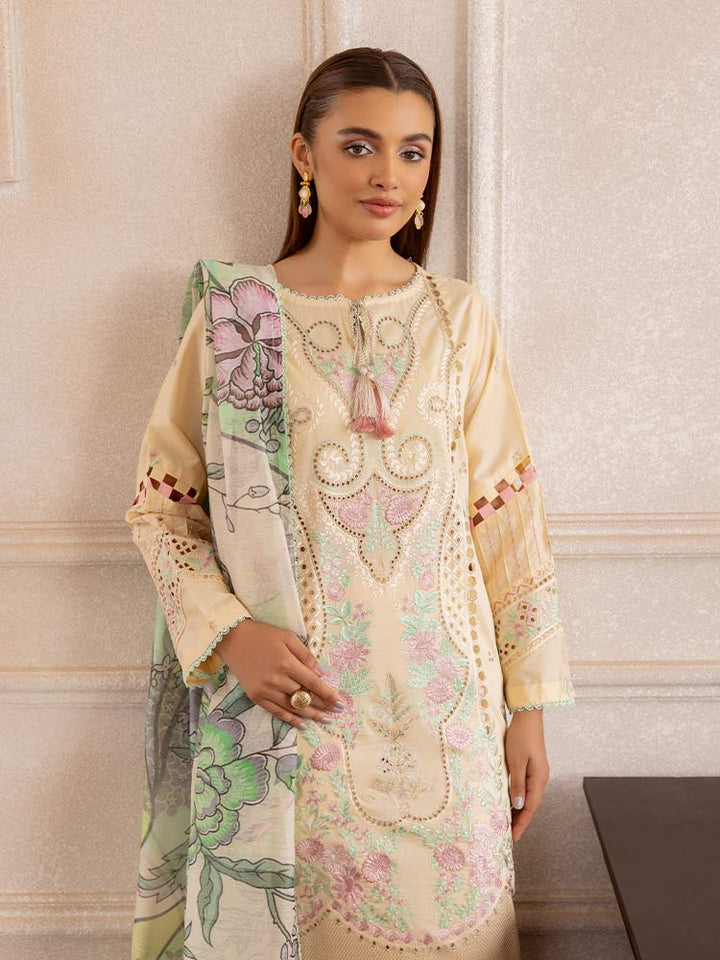 SAKURA 3 Pieces Unstitched Lawn Suit featuring an embroidered dyed luxury lawn shirt, dyed cambric cotton trousers, and a digital printed fancy lawn dupatta