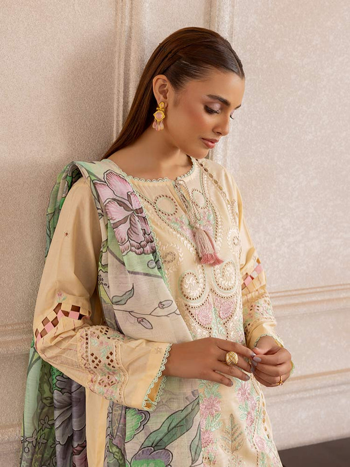 SAKURA 3 Pieces Unstitched Lawn Suit featuring an embroidered dyed luxury lawn shirt, dyed cambric cotton trousers, and a digital printed fancy lawn dupatta