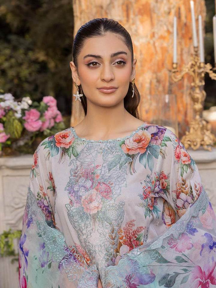 NAMAL 3 Pieces Unstitched Digital Printed Lawn Suit featuring a digital printed lawn shirt with organza embroidery, dyed cambric cotton trousers, and a bamber chiffon dupatta with embroidered cut-work details.