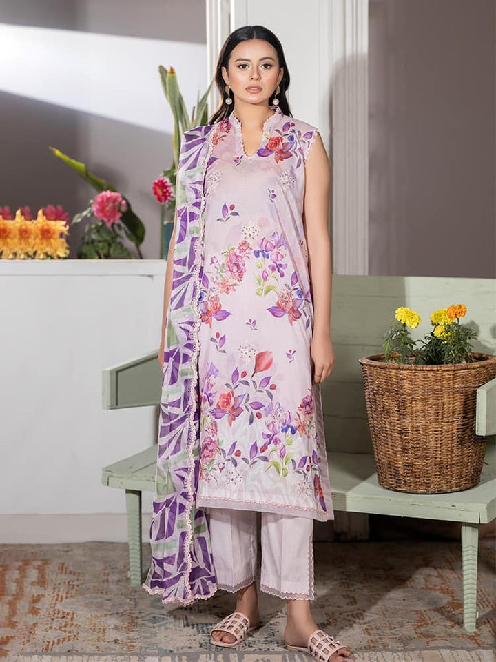 GUL PASAND Premium 3-Piece Lawn Suit with digital printed embroidery, dyed cambric cotton trousers, and embroidered chiffon dupatta.