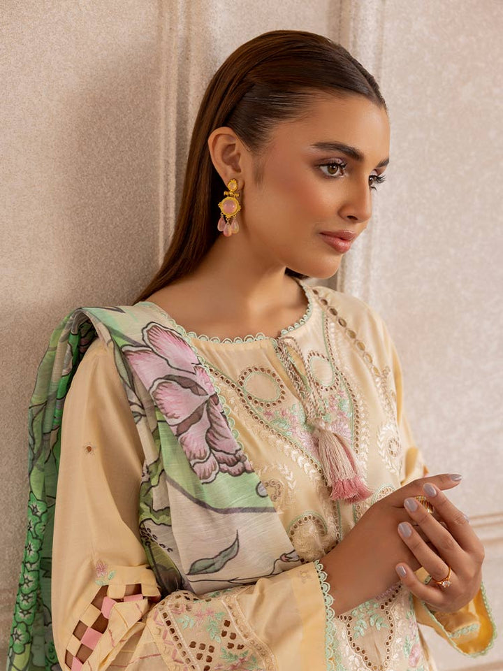 SAKURA 3 Pieces Unstitched Lawn Suit featuring an embroidered dyed luxury lawn shirt, dyed cambric cotton trousers, and a digital printed fancy lawn dupatta