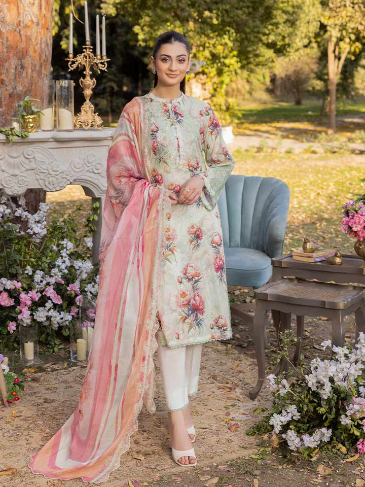 NAMAL 3 Pieces Unstitched Digital Printed Lawn Suit featuring a digital printed lawn shirt with organza embroidery, dyed cambric cotton trousers, and a bamber chiffon dupatta with embroidered cut-work details.