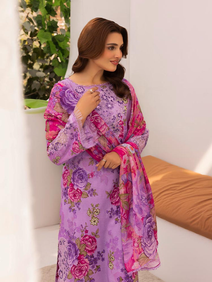 Discover the ZARIA Premium 3 Pieces Unstitched Lawn Suit, featuring digital printed lawn fabric with organza sequence embroidery. Perfect for festive occasions, this suit includes a shirt, trouser, and dupatta for a stylish and elegant look