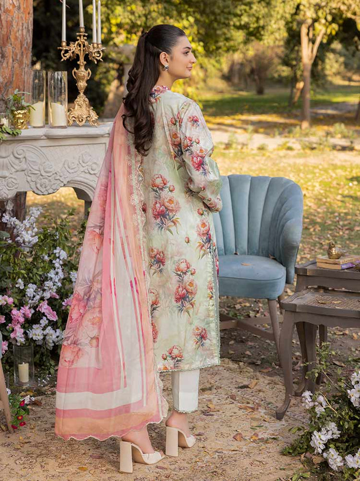 NAMAL 3 Pieces Unstitched Digital Printed Lawn Suit featuring a digital printed lawn shirt with organza embroidery, dyed cambric cotton trousers, and a bamber chiffon dupatta with embroidered cut-work details.