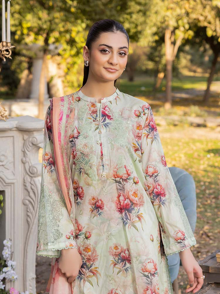NAMAL 3 Pieces Unstitched Digital Printed Lawn Suit featuring a digital printed lawn shirt with organza embroidery, dyed cambric cotton trousers, and a bamber chiffon dupatta with embroidered cut-work details.