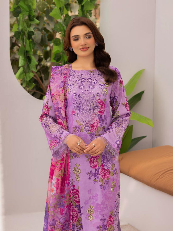 Discover the ZARIA Premium 3 Pieces Unstitched Lawn Suit, featuring digital printed lawn fabric with organza sequence embroidery. Perfect for festive occasions, this suit includes a shirt, trouser, and dupatta for a stylish and elegant look