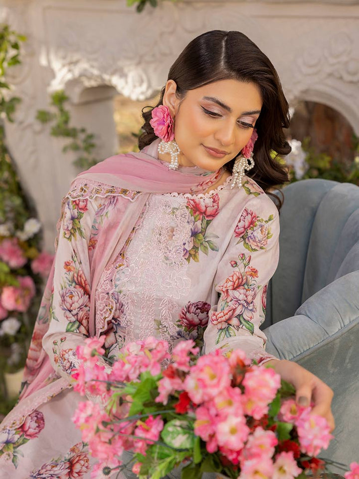NAMAL 3 Pieces Unstitched Digital Printed Lawn Suit featuring a digital printed lawn shirt with organza embroidery, dyed cambric cotton trousers, and a bamber chiffon dupatta with embroidered cut-work details.