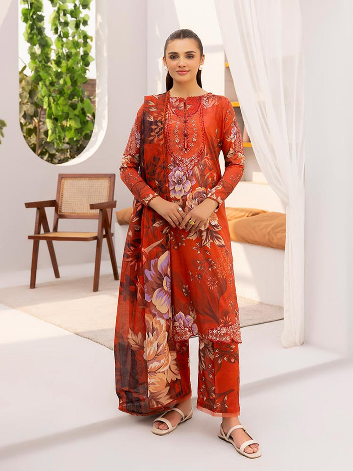 Discover the ZARIA Premium 3 Pieces Unstitched Lawn Suit, featuring digital printed lawn fabric with organza sequence embroidery. Perfect for festive occasions, this suit includes a shirt, trouser, and dupatta for a stylish and elegant look