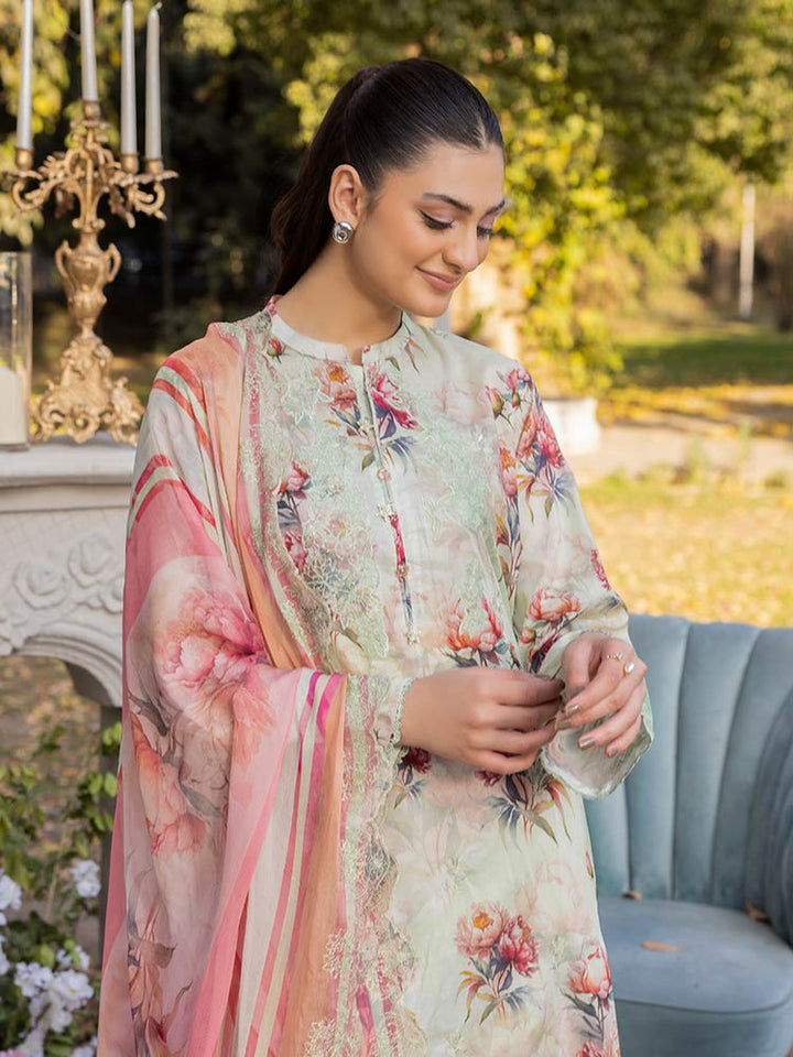 NAMAL 3 Pieces Unstitched Digital Printed Lawn Suit featuring a digital printed lawn shirt with organza embroidery, dyed cambric cotton trousers, and a bamber chiffon dupatta with embroidered cut-work details.