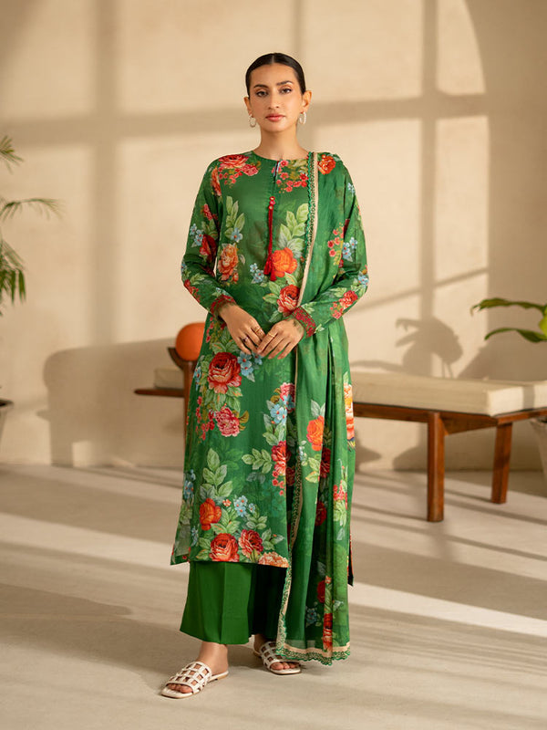 LEHRAIN 3 Pieces Unstitched Digital Printed Lawn Suit featuring a vibrant digital printed lawn shirt with organza embroidered lace sleeves, dyed cambric cotton trousers, and a matching pure lawn dupatta.