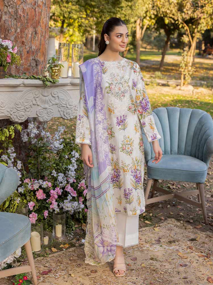 NAMAL 3 Pieces Unstitched Digital Printed Lawn Suit featuring a digital printed lawn shirt with organza embroidery, dyed cambric cotton trousers, and a bamber chiffon dupatta with embroidered cut-work details.