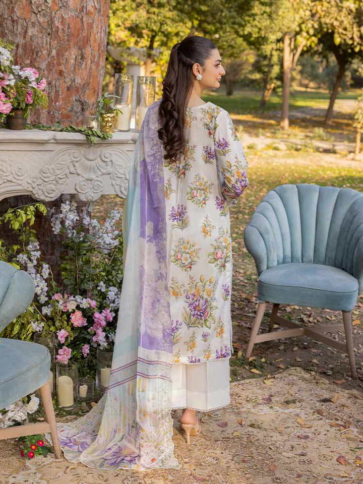 NAMAL 3 Pieces Unstitched Digital Printed Lawn Suit featuring a digital printed lawn shirt with organza embroidery, dyed cambric cotton trousers, and a bamber chiffon dupatta with embroidered cut-work details.
