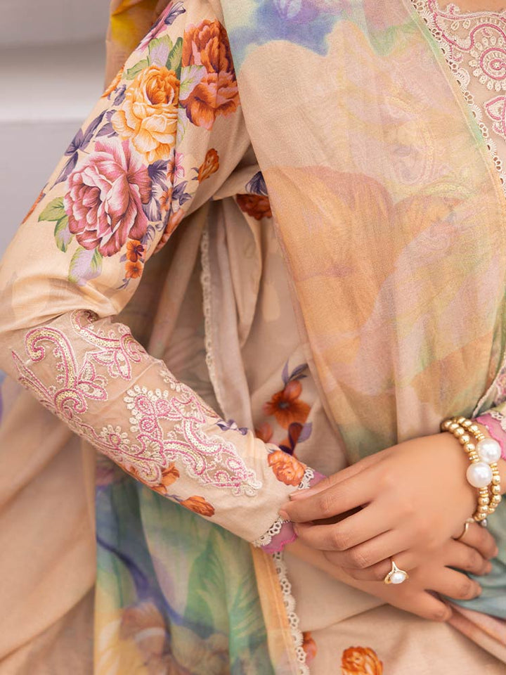 Discover the ZARIA Premium 3 Pieces Unstitched Lawn Suit, featuring digital printed lawn fabric with organza sequence embroidery. Perfect for festive occasions, this suit includes a shirt, trouser, and dupatta for a stylish and elegant look