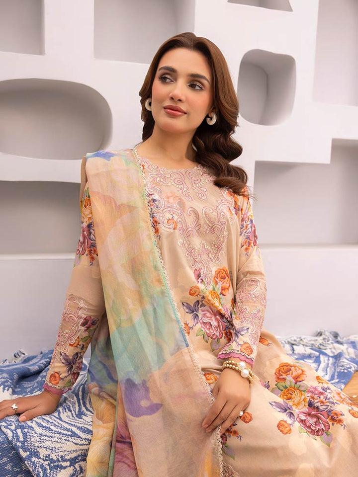 Discover the ZARIA Premium 3 Pieces Unstitched Lawn Suit, featuring digital printed lawn fabric with organza sequence embroidery. Perfect for festive occasions, this suit includes a shirt, trouser, and dupatta for a stylish and elegant look