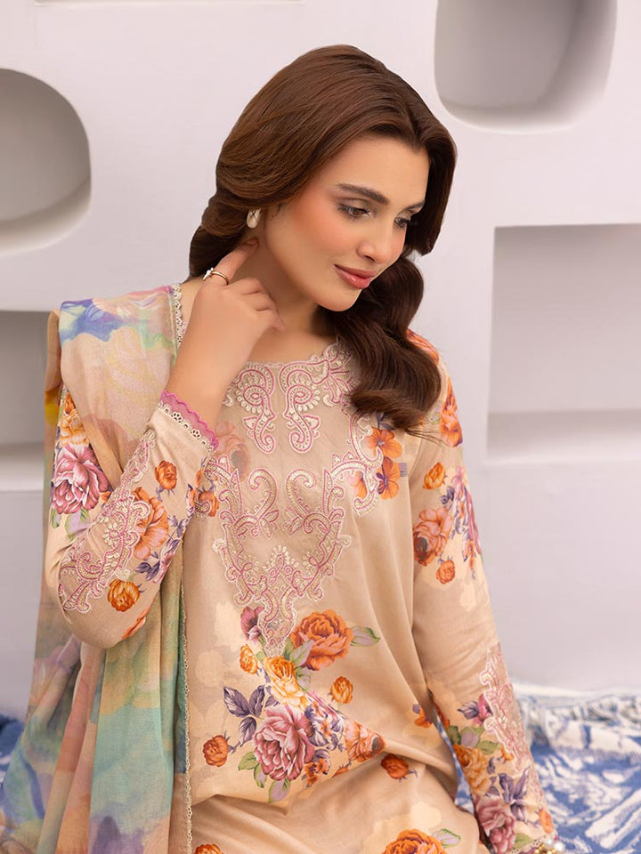 Discover the ZARIA Premium 3 Pieces Unstitched Lawn Suit, featuring digital printed lawn fabric with organza sequence embroidery. Perfect for festive occasions, this suit includes a shirt, trouser, and dupatta for a stylish and elegant look