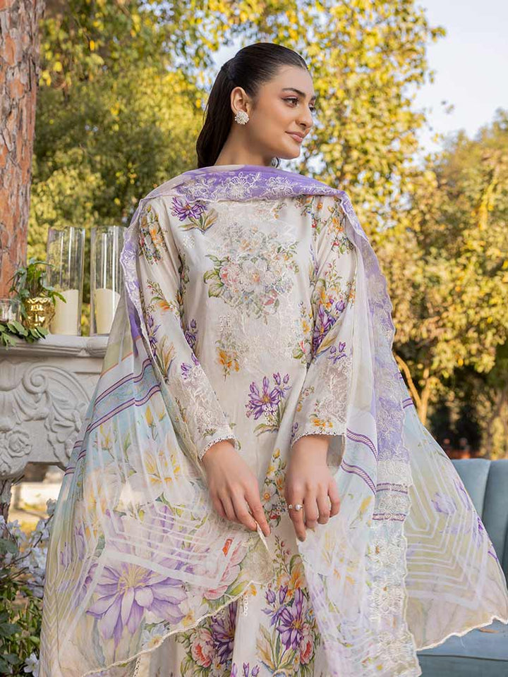 NAMAL 3 Pieces Unstitched Digital Printed Lawn Suit featuring a digital printed lawn shirt with organza embroidery, dyed cambric cotton trousers, and a bamber chiffon dupatta with embroidered cut-work details.
