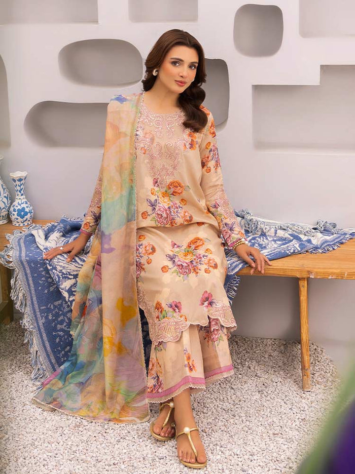 Discover the ZARIA Premium 3 Pieces Unstitched Lawn Suit, featuring digital printed lawn fabric with organza sequence embroidery. Perfect for festive occasions, this suit includes a shirt, trouser, and dupatta for a stylish and elegant look