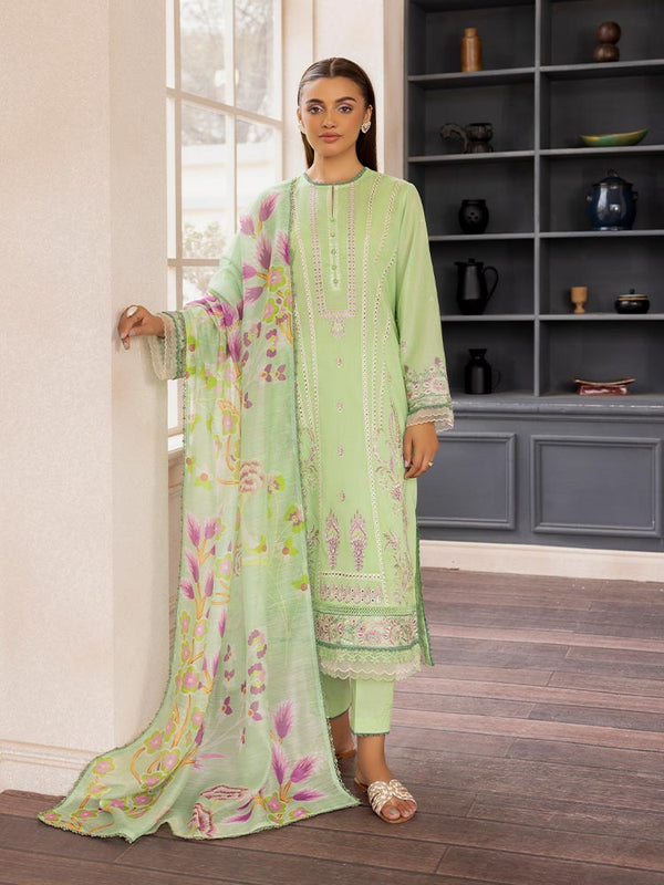 SAKURA 3 Pieces Unstitched Lawn Suit featuring an embroidered dyed luxury lawn shirt, dyed cambric cotton trousers, and a digital printed fancy lawn dupatta