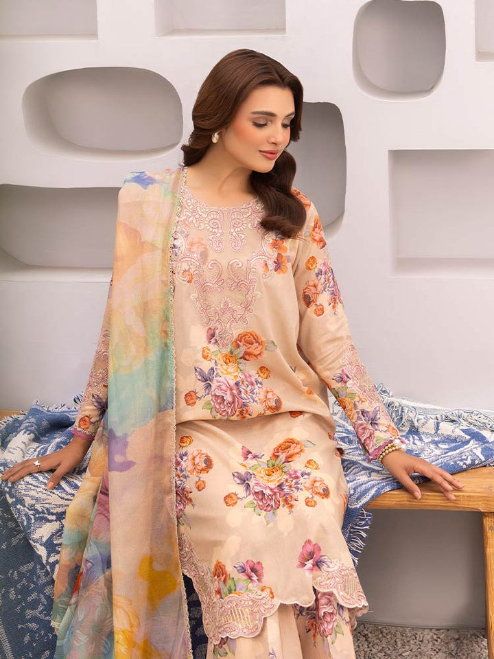 Discover the ZARIA Premium 3 Pieces Unstitched Lawn Suit, featuring digital printed lawn fabric with organza sequence embroidery. Perfect for festive occasions, this suit includes a shirt, trouser, and dupatta for a stylish and elegant look