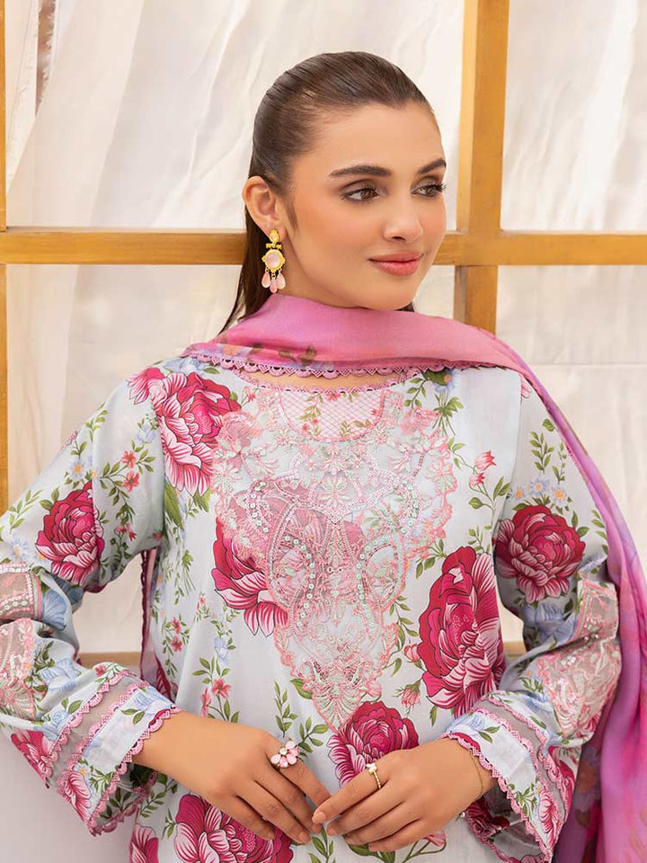 Discover the ZARIA Premium 3 Pieces Unstitched Lawn Suit, featuring digital printed lawn fabric with organza sequence embroidery. Perfect for festive occasions, this suit includes a shirt, trouser, and dupatta for a stylish and elegant look