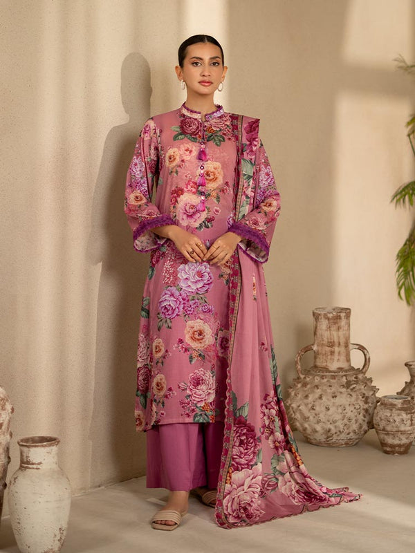 LEHRAIN 3 Pieces Unstitched Digital Printed Lawn Suit featuring a vibrant digital printed lawn shirt with organza embroidered lace sleeves, dyed cambric cotton trousers, and a matching pure lawn dupatta.
