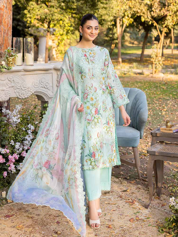 NAMAL 3 Pieces Unstitched Digital Printed Lawn Suit featuring a digital printed lawn shirt with organza embroidery, dyed cambric cotton trousers, and a bamber chiffon dupatta with embroidered cut-work details.