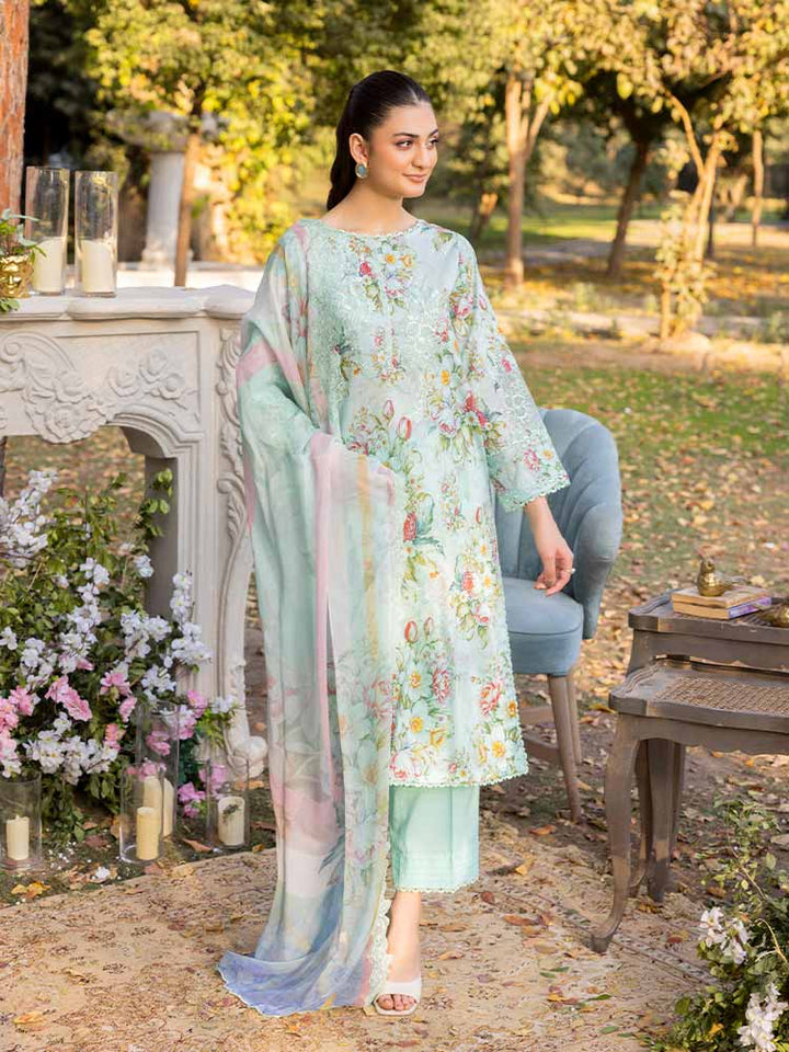 NAMAL 3 Pieces Unstitched Digital Printed Lawn Suit featuring a digital printed lawn shirt with organza embroidery, dyed cambric cotton trousers, and a bamber chiffon dupatta with embroidered cut-work details.