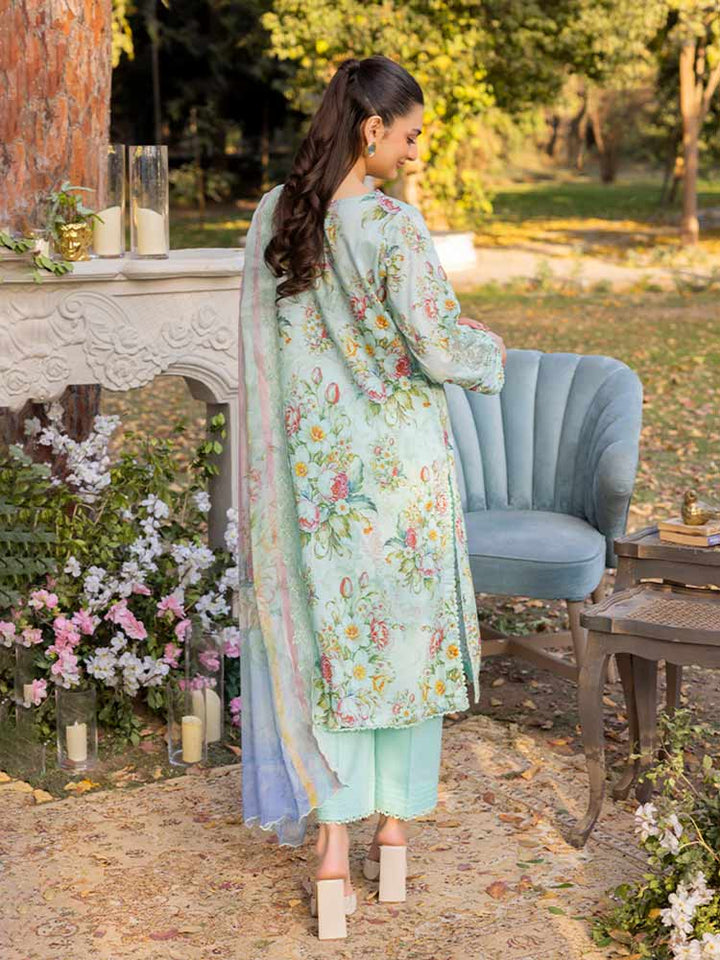 NAMAL 3 Pieces Unstitched Digital Printed Lawn Suit featuring a digital printed lawn shirt with organza embroidery, dyed cambric cotton trousers, and a bamber chiffon dupatta with embroidered cut-work details.