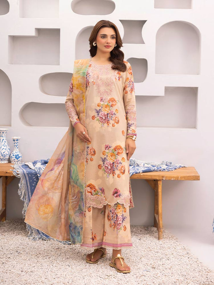 Discover the ZARIA Premium 3 Pieces Unstitched Lawn Suit, featuring digital printed lawn fabric with organza sequence embroidery. Perfect for festive occasions, this suit includes a shirt, trouser, and dupatta for a stylish and elegant look
