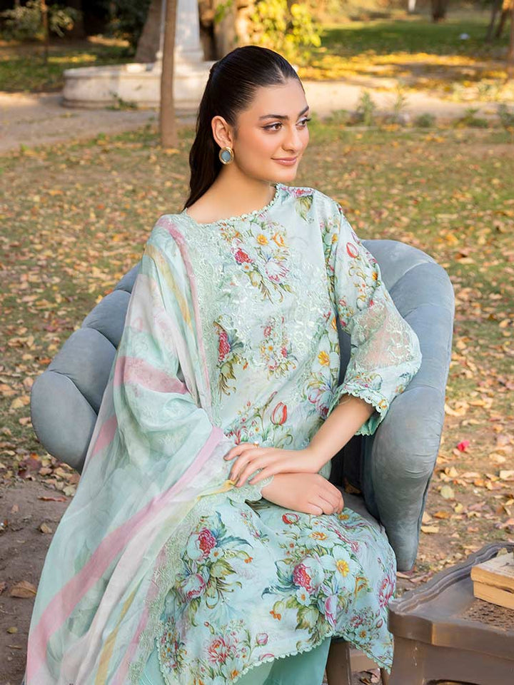 NAMAL 3 Pieces Unstitched Digital Printed Lawn Suit featuring a digital printed lawn shirt with organza embroidery, dyed cambric cotton trousers, and a bamber chiffon dupatta with embroidered cut-work details.