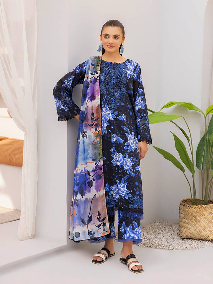 Discover the ZARIA Premium 3 Pieces Unstitched Lawn Suit, featuring digital printed lawn fabric with organza sequence embroidery. Perfect for festive occasions, this suit includes a shirt, trouser, and dupatta for a stylish and elegant look