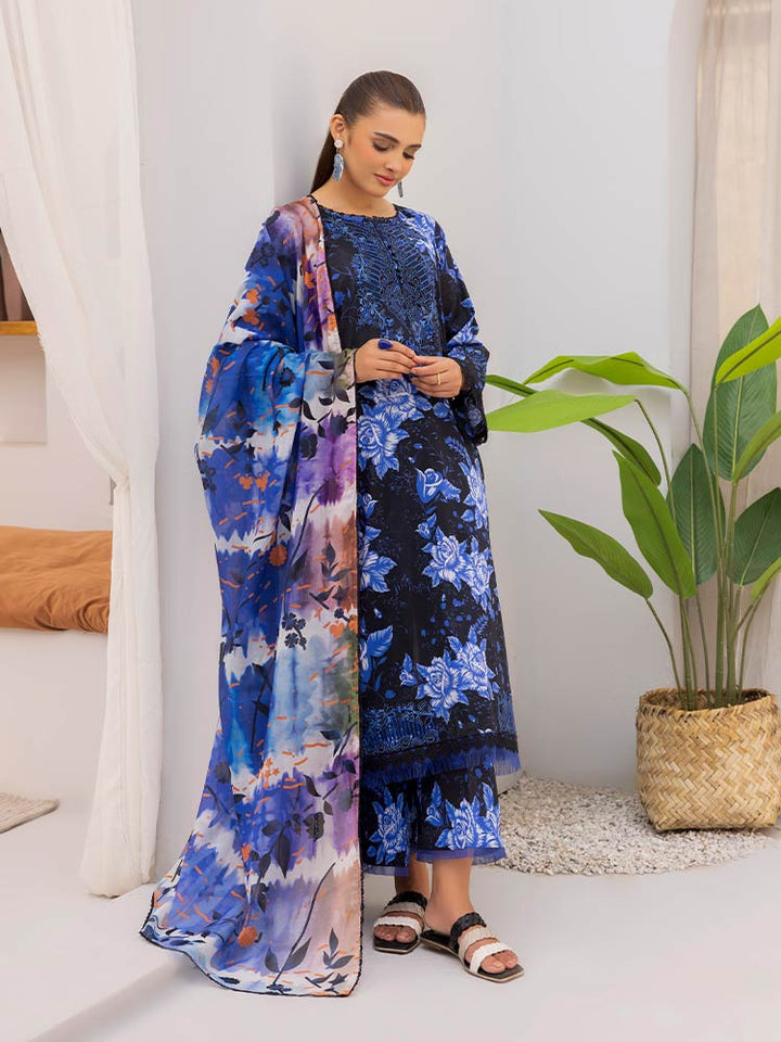 Discover the ZARIA Premium 3 Pieces Unstitched Lawn Suit, featuring digital printed lawn fabric with organza sequence embroidery. Perfect for festive occasions, this suit includes a shirt, trouser, and dupatta for a stylish and elegant look