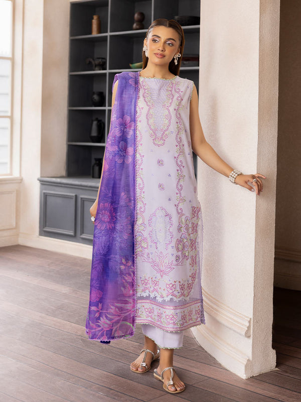 SAKURA 3 Pieces Unstitched Lawn Suit featuring an embroidered dyed luxury lawn shirt, dyed cambric cotton trousers, and a digital printed fancy lawn dupatta