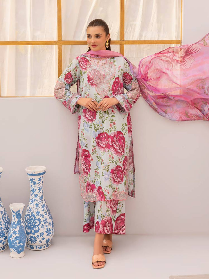 Discover the ZARIA Premium 3 Pieces Unstitched Lawn Suit, featuring digital printed lawn fabric with organza sequence embroidery. Perfect for festive occasions, this suit includes a shirt, trouser, and dupatta for a stylish and elegant look