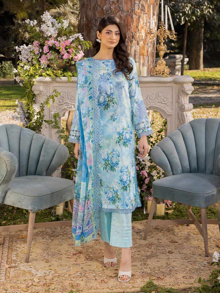 NAMAL 3 Pieces Unstitched Digital Printed Lawn Suit featuring a digital printed lawn shirt with organza embroidery, dyed cambric cotton trousers, and a bamber chiffon dupatta with embroidered cut-work details.